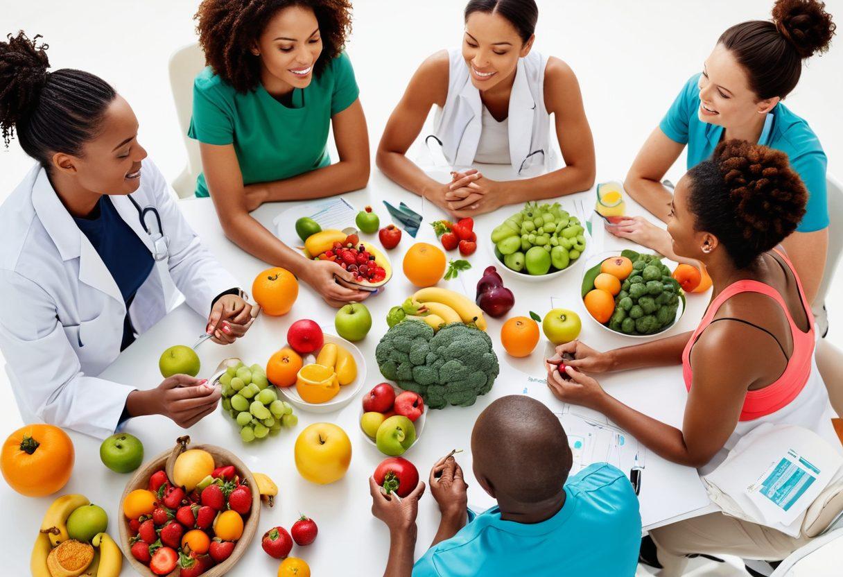 A serene scene depicting a diverse group of health experts engaging in a lively discussion about preventive care strategies, surrounded by vibrant fruits, vegetables, and fitness gear. In the background, infographics on health tips and exercise routines enhance the educational atmosphere. Bright, uplifting colors convey a sense of wellness and positivity. super-realistic. vibrant colors. white background.