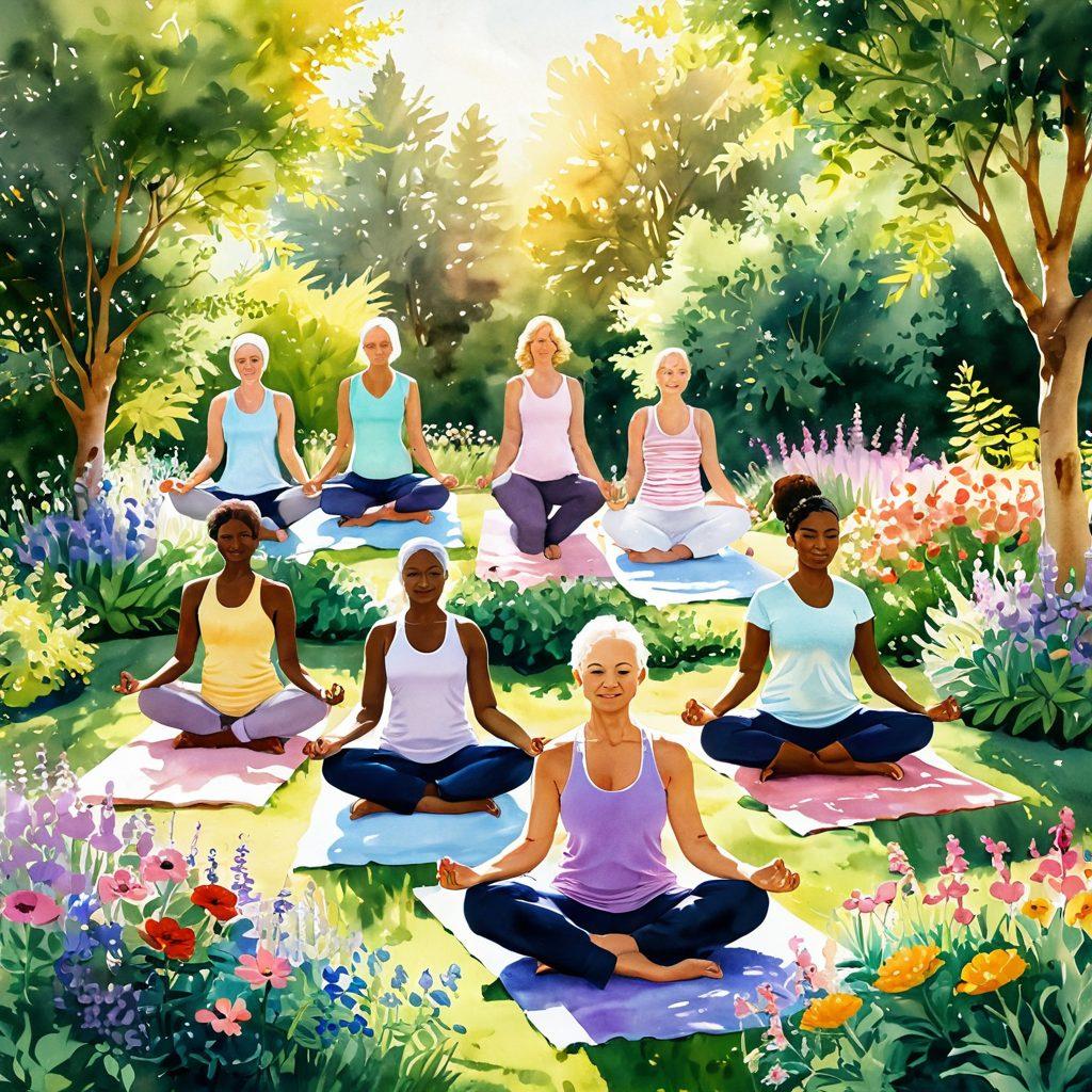 A serene and uplifting scene featuring a diverse group of cancer survivors in a lush garden, each engaging in holistic wellness activities such as yoga, meditation, and herbal healing. The sun is shining brightly, symbolizing hope, while vibrant flowers bloom around them, representing resilience and growth. Soft pastel colors enhance the calm atmosphere. watercolor painting. vibrant colors. soothing aesthetic.