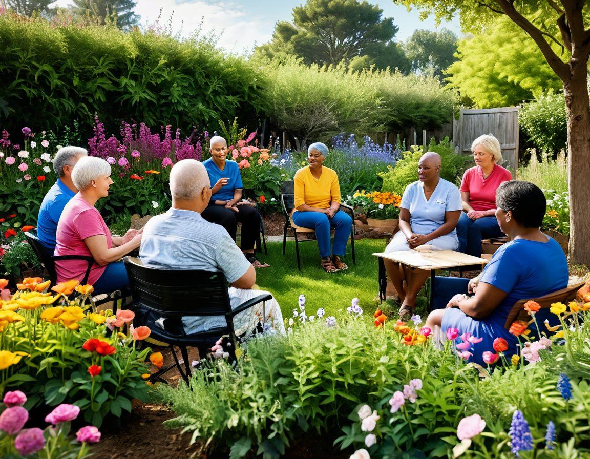 A serene scene depicting a diverse group of cancer survivors sharing their stories in a vibrant community garden, filled with blooming flowers symbolizing hope and healing. In the background, a supportive medical professional is providing resources to a patient. The atmosphere is warm and inviting, showcasing unity, strength, and resilience. Illustrate a bright sky with uplifting colors that evoke positivity and support. super-realistic. vibrant colors. 3D.
